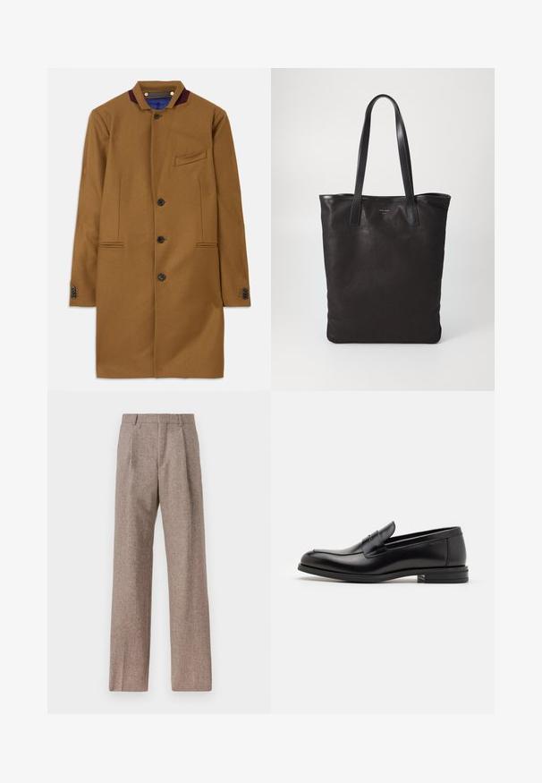 Hnedý vlnený kabát s rovnými líniami, dvoma prednými vreckami, piatimi čiernymi gombíkmi a bordovým akcentom na golieri. Obsahuje textúrovanú látku.; Biela košeľa s gombíkmi a golierom, s jemnými vertikálnymi prúžkami, dlhými rukávmi, vreckom na hrudi a klasickým oblým spodkom.; Hnedé, vysoké nohavice vyrobené z texturovanej látky. Majú široké nohavice a dva predné záhyby pre štruktúru. Úhľadné spracovanie bez viditeľného kovania.; Čierne kožené mokasíny s hladkou textúrou, zaoblenou špičkou a dekoračným pásikom cez priehlavok. Nízky vrstvený opätok, minimalistický dizajn.; Čierna plátená taška s čiernymi koženými ušami. Jednoduchý dizajn, priestranné telo a hladká textúra. Žiadne viditeľné logo ani vzory.
