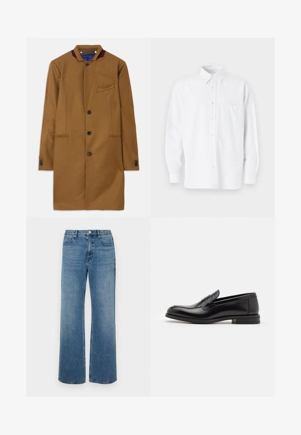 Brauner Wollmantel mit geradem Schnitt, zwei Fronttaschen, fünf schwarzen Knöpfen und einem burgunderfarbenen Kragenakzent. Verfügt über einen strukturierten Stoff.; Weißes Hemd mit Knöpfen und Kragen, das dezente vertikale Streifen aufweist, lange Ärmel, eine Brusttasche und einen klassischen abgerundeten Saum hat.; Weite blaue Jeans aus Denim mit einem verblassten Finish. Verfügt über fünf Taschen, einen Frontknopfverschluss und einen geraden Schnitt.; Schwarze Lederloafers mit glatter Textur, rundem Zehenbereich und einem dekorativen Riemen über dem Vorderfuß. Niedriger, gestapelter Absatz, minimalistisches Design.