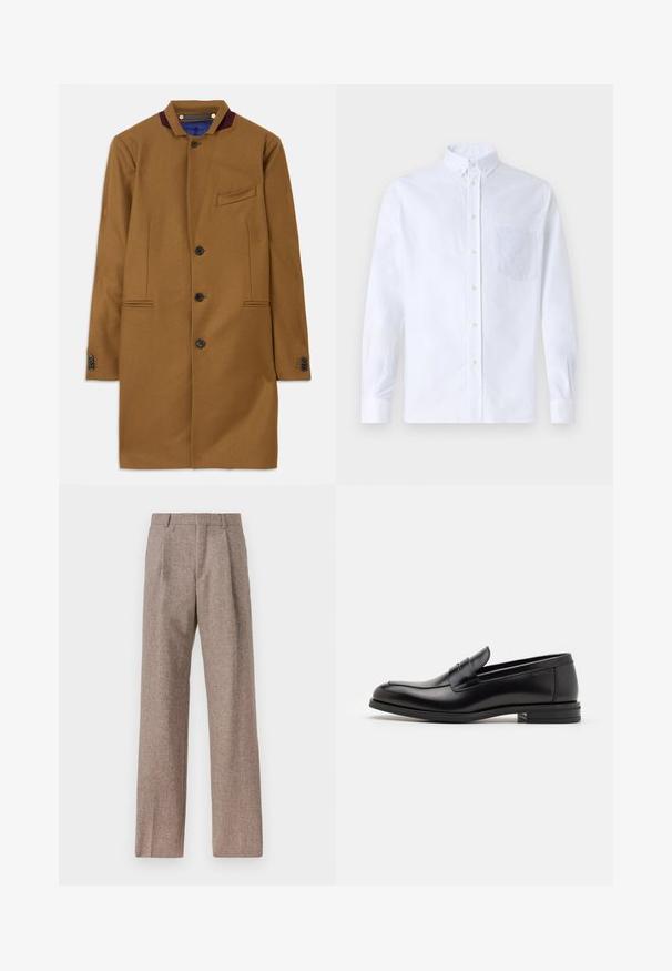 Brauner Wollmantel mit geradem Schnitt, zwei Fronttaschen, fünf schwarzen Knöpfen und einem burgunderfarbenen Kragenakzent. Verfügt über einen strukturierten Stoff.; Weißes Langarm-Hemd mit Knöpfen aus Baumwolle, ausgestattet mit einer Brusttasche mit tonalem Stickerei, einem Kragen und Knopfmanschetten.; Braune, hochtaillierte Hose aus strukturiertem Stoff. Mit weitem Bein und zwei vorderen Bügelfalten für zusätzliche Form. Saubere Verarbeitung ohne sichtbare Hardware.; Schwarze Lederloafers mit glatter Textur, rundem Zehenbereich und einem dekorativen Riemen über dem Vorderfuß. Niedriger, gestapelter Absatz, minimalistisches Design.