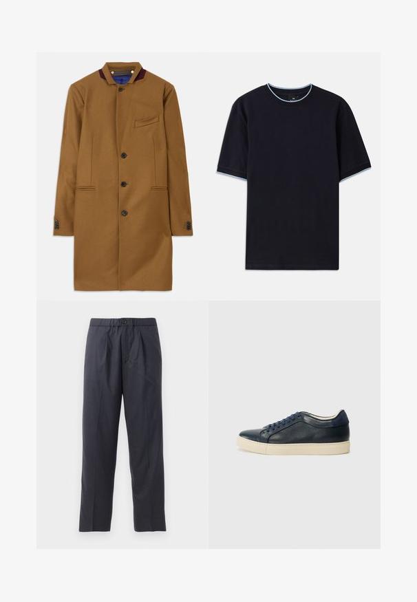 Brauner Wollmantel mit geradem Schnitt, zwei Fronttaschen, fünf schwarzen Knöpfen und einem burgunderfarbenen Kragenakzent. Verfügt über einen strukturierten Stoff.; Dunkelblaues kurzärmeliges T-Shirt mit Rundhalsauschnitt, das an Kragen und Ärmeln mit hellblauen Akzenten versehen ist. Hergestellt aus weichem Baumwollstoff.; Dunkelblaue Hose aus weichem Stoff mit gef alteter Vorderseite und elastischem Bund. Verfügt über einen Knopfverschluss und gerades Bein.; Dunkelblaues Leder-Sneaker mit cremefarbener Gummisohle, ausgestattet mit blauen Schnürsenkeln und einer glatten Textur. Abgerundete Zehenpartie und minimalistisches Design.