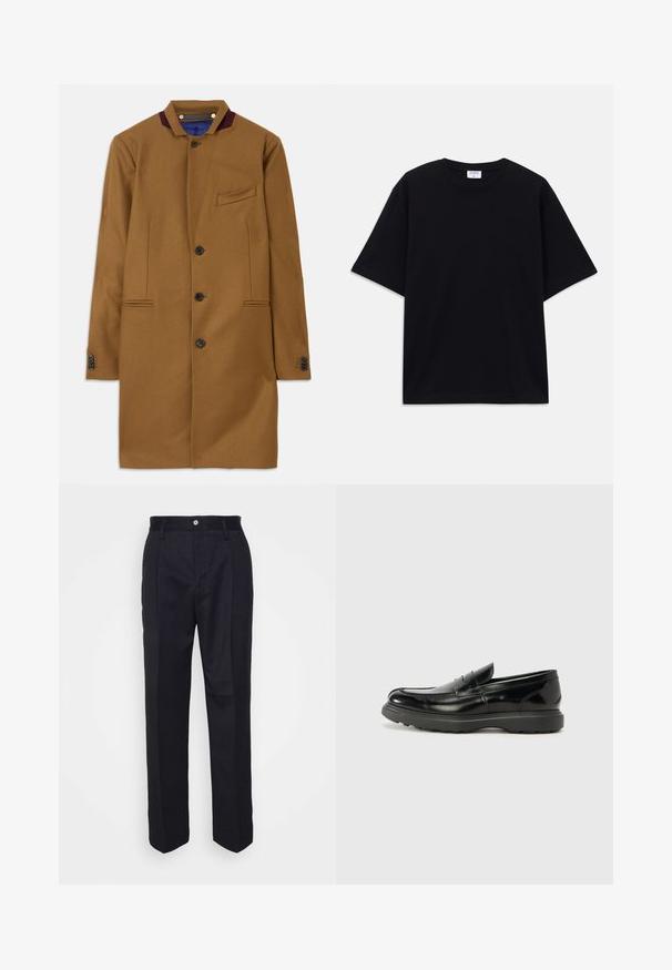 Bruine wollen jas met een rechte snit, twee frontzakken, vijf zwarte knopen en een bordeauxrood kraagaccent. Heeft een gestructureerde stof.; Zwarte oversized T-shirt met korte mouwen en ronde hals, met zichtbaar Filippa K merkelabel aan de binnenkant van de kraag.; Zwarte op maat gemaakte broek met een rechte pijpontwerp, gemaakt van gladde stof, met een sluiting met een frontknop en twee zakken aan de zijkant.; Zwarte leren instapper met een glanzende afwerking, een ronde neus, subtiele stiksels en een dikke rubberen zool voor duurzaamheid.