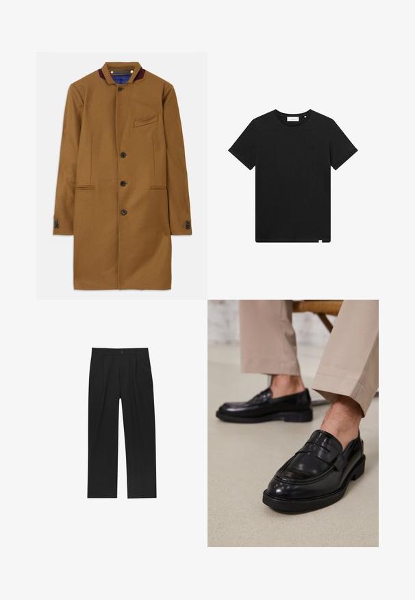 Hnědý vlněný kabát s rovnými liniemi, dvěma předními kapsami, pěti černými knoflíky a akcentem v barvě burgundské na límci. Má texturovanou tkaninu.; Černé tričko s krátkým rukávem vyrobené z bavlny, s kulatým výstřihem a malým vyšitým logem na hrudi. Hladká textura, standardní střih.; Černé kalhoty s rovnými nohavicemi, vyrobené z hladké tkaniny. Mají přední záhyby a jedno knoflíkové zapínání v pase.; Černé kožené loafers s hladkým povrchem, zdobené páskem a kontrastním prošíváním, spárované s béžovými kalhotami.