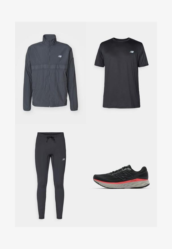 New Balance ATHLETICS REFLECTIVE PACKABLE JACKET - Spordijope - blacktop; New Balance Spordi T-särk - black; Mustad mustredsportlikud legginsid, mis on valmistatud venivast kangast. Rihmaga vöökoht ja väike reflekteeriv logo paremal reie ees.; Mustvalge jooksujalats, millel on võrkkangast pealisosa, millele on lisatud roosa vaheosa riba ja hall pohjaplaat. Omab tekstureeritud detaile ja paindlikku talla disaini.