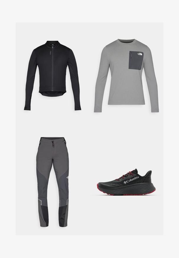 Juodas užtrauktuku užsegamas ilgarankovis dviratininko švarkas su aukšta apykakle, pagamintas iš lengvo, tamprios medžiagos; turi apvalų kraštą ir logotipo detalę.; Ilgų rankovių pilkas marškinis su tekstūruota medžiaga, kuris turi tamsiai pilką krūtinės kišenę ir užtrauktuką. Kišenėje baltas logotipas.; Pilkos žygio kelnės, su siaurėjančiu dizainu, keliais kišenėmis ir kontrastingomis tamsiai pilkomis ir juodomis detalėmis. Pagamintos iš elastingos, tvirtos medžiagos.; Juodas sportinis batelis su tekstūruota viršutine dalimi, raudonais raišteliais ir logotipu. Storas padas su raštuotu protektoriu traukai. Minimalistinis dizainas, šoninis vaizdas.