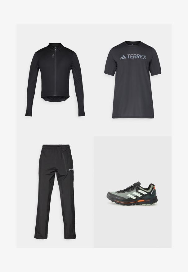Juodas užtrauktuku užsegamas ilgarankovis dviratininko švarkas su aukšta apykakle, pagamintas iš lengvo, tamprios medžiagos; turi apvalų kraštą ir logotipo detalę.; Juodas trumpų rankovių marškinėliai iš lengvo audinio, su šviesiai pilku „TERREX“ logotipu krūtinėje ir apvaliu iškirpimu.; Juodos neperšlampamos kelnės su elastinga liemene, šonine kišene su užtrauktuku ir ant dešinės kojos atspaustu logotipu „TERREX“. Lygios tekstūros.; Lengvas kalnų bėgimo batelis su pilka ir juoda tinklo viršūne, oranžiniais akcentais ir tvirtu padu sukibimui. Atsparus vandeniui Gore-Tex pamušalas.
