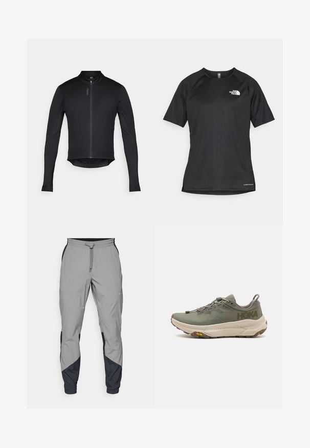 Black zipped long-sleeve cycling jacket with a high collar, made from lightweight, stretchy fabric; features a rounded hem and logo detail.; Black short-sleeve athletic shirt with a textured fabric, featuring a white logo on the left chest and a straight hem.; Lightweight, gray athletic pants with black accents. Elastic waistband, drawstring closure, tapered leg design, and side pockets.; Green Hoka running shoe with Gore-Tex upper, textured accents, elastic laces, and thick beige outsole featuring Vibram logo.