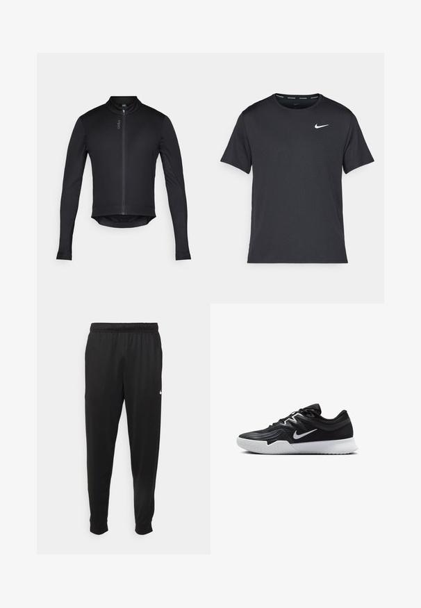 Black zipped long-sleeve cycling jacket with a high collar, made from lightweight, stretchy fabric; features a rounded hem and logo detail.; Black Nike running T-shirt made of lightweight, breathable material, featuring short sleeves and a small white logo on the chest.; Black athletic pants made of smooth fabric, featuring an elastic waistband, tapered legs, and a small white logo on the left side.; Black athletic shoe with a textured upper, white Nike swoosh, and a white rubber outsole. Features a lace-up design and dynamic shape.