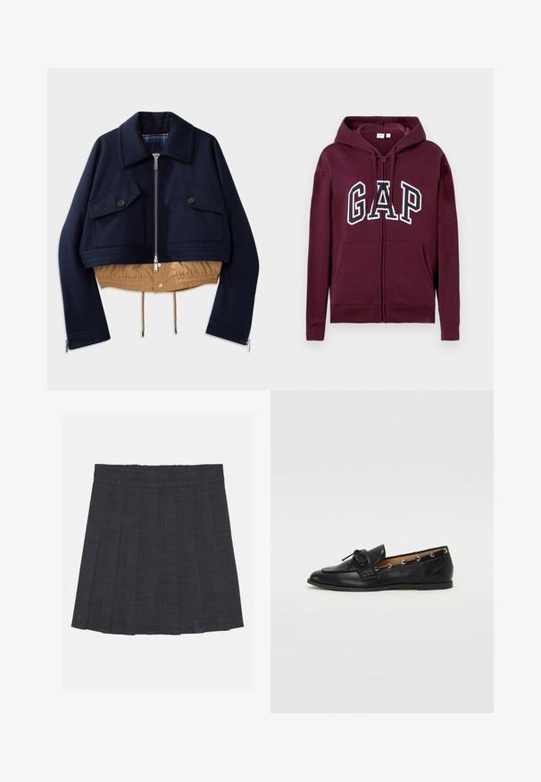 Jachetă croită bleumarin cu guler ascuțit, două buzunare pe piept cu închidere cu buton și un tiv și căptușeală elasticizate bej. Detaliile includ fermoare laterale.; Hanorac cu fermoar de culoare închisă, cu buzunare frontale și logo-ul "GAP" scris cu litere mari albe și bleumarin pe piept, având o glugă ajustabilă.; Cămașă albă cu mânecă lungă și nasturi, cu dungi negre verticale subțiri și guler ascuțit.; Fustă plisată de culoare gri închis, cu un elastic în talie, având un material texturat și o siluetă clasică în A. Potrivită pentru ținute casual.; Mocasini din piele neagră cu fundiță legată, având accente aurii sub formă de ochiuri pe laterale și o talpă plată din cauciuc. Textură netedă, design clasic.