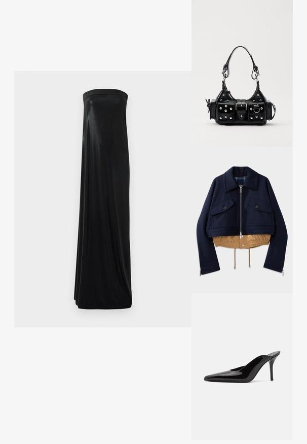 Marineblau kurzes Jacket mit spitzen Kragen, zwei Brusttaschen mit Knopfverschlüssen und einem beigen elastischen Saum sowie Futter. Verfügt über seitliche Reißverschlüsse.; Schwarzes, trägerloses Maxikleid aus glattem, glänzendem Stoff. Es hat ein figurbetontes Oberteil und eine fließende Silhouette, die den Boden erreicht, ohne Verzierungen.; Schwarze Lackleder-Pumps mit hohen Absätzen, spitzer Zehenform und schlanker Silhouette, mit offenem Rücken und schlankem Stiletto-Absatz.; Schwarze Lederhandtasche mit einem geschwungenen Design, verziert mit silbernen Nieten, einer Schnalle und zwei seitlichen Taschen. Verstellbarer Träger für verschiedene Tragemöglichkeiten.