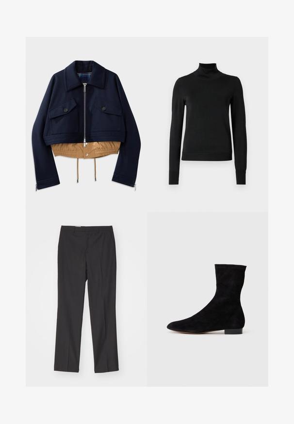 Giacca cropped blu navy con colletto a punta, due tasche sul petto con chiusura a bottone e orlo e fodera elasticizzati color beige. Dotata di cerniere laterali.; Pullover nero a maniche lunghe con collo alto, rifinito con polsini e orlo a coste, mostrato su uno sfondo bianco semplice.; Pantaloni neri sartoriali con un design a gamba dritta, dotati di passanti per cintura e una texture liscia, realizzati in tessuto leggero.; Stivale alla caviglia in suede nero con gambale aderente, punta affusolata e tacco a blocco basso. Texture liscia e design minimalista, adatto per uno stile versatile.