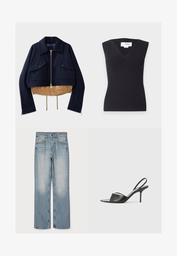 Námornícky skrátený kabát s bodovým golierom, dvoma náprsníkovými vreckami so zapínaním na gombíky a béžovým elastickým lemom a podšívkou. Obsahuje bočné zipsy.; Čierny rebrovaný top bez rukávov s hlbokým výstrihom do V, priliehajúcim strihom a textúrovanou tkaninou. Na etiketách je napísané "Victoria Beckham."; Svetlomodré denimové džínsy so rovnom strihom, s vysokým pásom, five-pocket dizajnom a jemným vyblednutím na stehnách a kolenách.; Čierne kožené sandále na podpätku s ostrou špičkou, tenkým členkovým remienkom a stiletto podpätkom. Obsahujú uzlový detail na hornej časti.