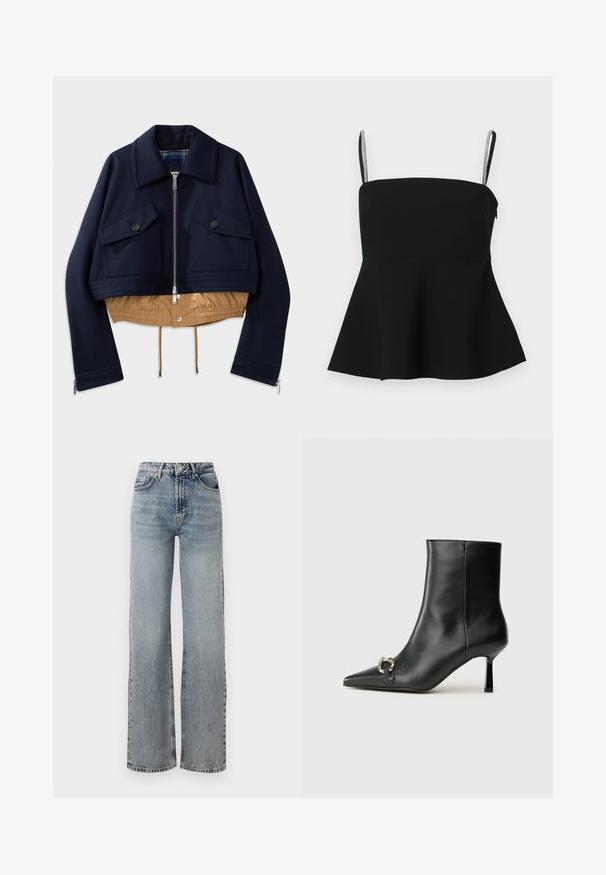 Marineblau kurzes Jacket mit spitzen Kragen, zwei Brusttaschen mit Knopfverschlüssen und einem beigen elastischen Saum sowie Futter. Verfügt über seitliche Reißverschlüsse.; Schwarzes Peplum-Oberteil mit dünnen verstellbaren Trägern und silbernen Akzenten. Aus glattem Stoff gefertigt, mit einer taillierten Passform und einem ausladenden Saum.; Helleblaue Jeans aus Denim mit hoher Taille, weitem Bein, verwaschenem Finish und subtilen distressierten Details. Klassischer Fünf-Taschen-Stil.; Schwarze Leder-Stiefelette mit spitzer Zehe, schlankem, mittelhohem Absatz und silberner Schnalle seitlich vor einem schlichten Hintergrund.
