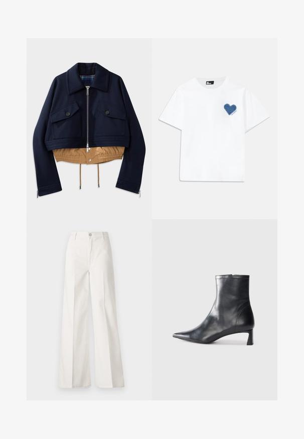 Marinblå kort jacka med spetskrage, två bröstfickor med knäppningar och en beige elastisk nederkant och foder. Har sidodragkedjor.; Vit bomulls-t-shirt med kort ärm och rund halsringning. Har en blå denimhjärtapatch på vänster bröst med text under.; Vita vida-byxor gjorda av bomull med en slät textur. Har en framknapp, gylf med dragkedja och fyra fickor.; Svart läder ankelboot med spetsig tå och en smidig design. Har en låg klack och en dragkedjestängning bak. Slät textur.