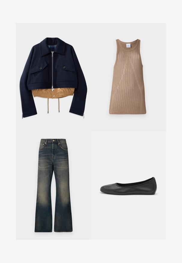 Marineblau kurzes Jacket mit spitzen Kragen, zwei Brusttaschen mit Knopfverschlüssen und einem beigen elastischen Saum sowie Futter. Verfügt über seitliche Reißverschlüsse.; Beige, ärmelloses Stricktop mit gerippter Textur, in A-Linien-Form und subtilen diagonalen Nähdetails.; Dunkelblaue Bootcut-Jeans aus Denim mit einer ausgewaschenen Optik, fünf Taschen, einem Knopfverschluss und farblich abgesetzten Nähten.; Schwarze Leder-Ballettschuhe mit abgerundeter Spitze, glatter Textur, minimalen Nähdetails und einem flexiblen Sohlen-Design.