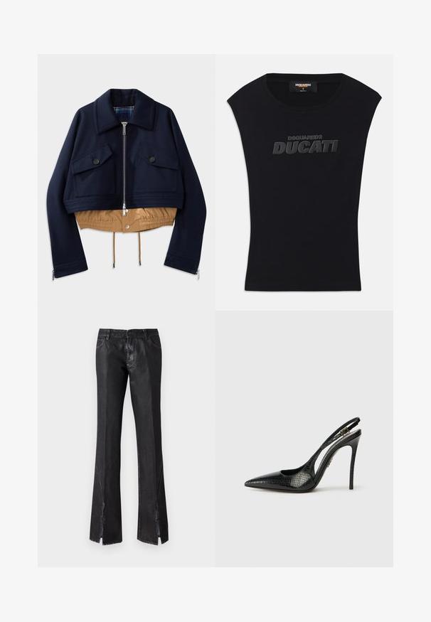 Námornícky skrátený kabát s bodovým golierom, dvoma náprsníkovými vreckami so zapínaním na gombíky a béžovým elastickým lemom a podšívkou. Obsahuje bočné zipsy.; Čierne tielko bez rukávov s okrúhlym výstrihom a vyvýšeným čiernym logom "DSQUARED2 DUCATI" na hrudi, veľkosť S, s nálepkou "vyrobené v Taliansku" vo vnútri goliera.; Čierne rozšírené nohavice s lesklým povrchom, obsahujúce dve predné vrecká a rozparky pri leme, vyrobené z odolného materiálu.; Čierne slingback lodičky s špicatou špičkou, textúrovaným hadím vzorom, ihlovým podpätkom a dekoratívnou prackou na pásiku.