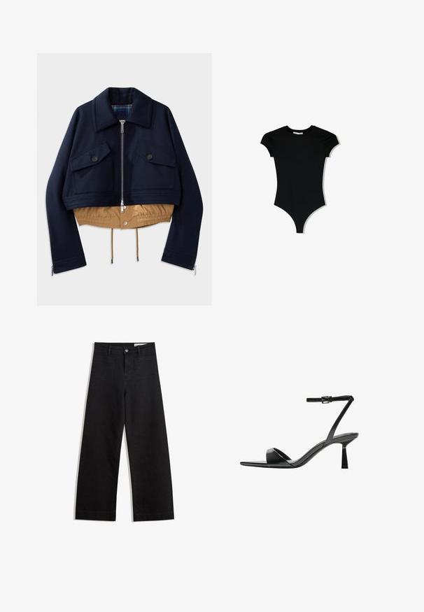 Námornícky skrátený kabát s bodovým golierom, dvoma náprsníkovými vreckami so zapínaním na gombíky a béžovým elastickým lemom a podšívkou. Obsahuje bočné zipsy.; Čierny body s krátkym rukávom a okrúhlym výstrihom, s vysokými výstrihmi na nohách, vyrobený z hladkej, elastickej látky.; Čierne denimové nohavice s širokými nohavicami a vysokým pásom, so prednými a zadnými vreckami, šitými švami a zapínaním na gombík. Hladká textúra.; Bershka Sandále na vysokom opätku - black