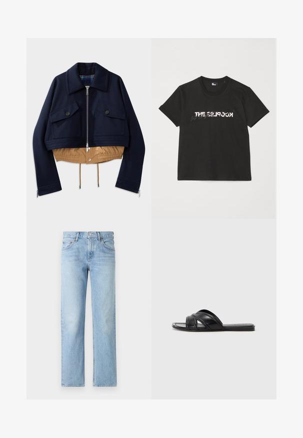 Navy cropped takki, jossa on pistekaulus, kaksi rintataskua napin suljennalla ja vaaleanruskea joustava helma ja vuori. Ominaisuuksia ovat sivuvetoketjut.; Musta puuvillapaita lyhyillä hihoilla, jossa on edessä painettu valkoinen ja harmaa "THE 2LOOK" -design. Klassinen pyöreä kaula-aukko.; Vaaleansiniset farkut suoralla leikkauksella, viisi taskua, nappi- ja vetoketjukiinnitys sekä hieman haalistunut pinta.; Musta liukusandaalit, joissa on sileä nahkapinta, ristitaskut ja leikkuuyksityiskohdat, sekä litteät, joustavat pohjat.