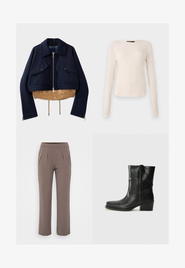 Veste courte bleu marine avec un col pointu, deux poches poitrine à fermeture boutonnée et un ourlet et une doublure élastiqués beiges. Présente des zips sur les côtés.; Haut à manches longues, beige clair avec un col rond. Fait dans un tissu doux, il présente une couture centrale et un ourlet légèrement courbé. Pas de métal visible.; Pantalons amples taupe avec taille élastique et plis à l'avant, fabriqués en tissu lisse.; Bottine en cuir noir avec un bout rond, un talon carré, une fermeture éclair sur le côté et des coutures décoratives sur l'empeigne. Texture lisse, design classique.