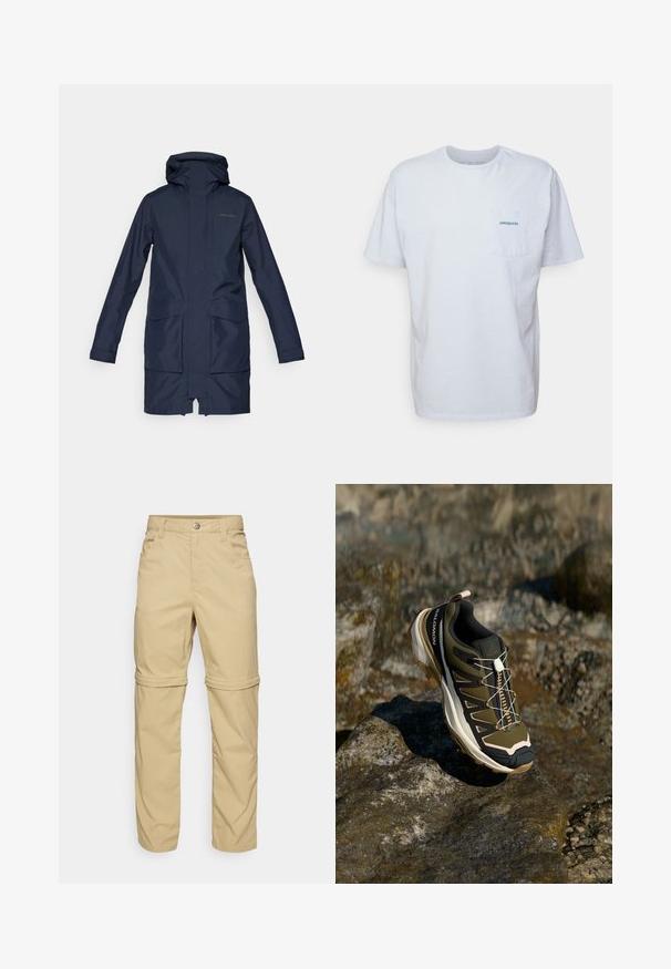 Marineblauer wasserdichter Parka mit Kapuze, ausgestattet mit einem Frontreißverschluss, zwei großen Taschen und einer geraden Silhouette. Glatte Textur, lässiges Design.; Weißes Baumwoll-T-Shirt mit kurzen Ärmeln, Rundhalsausschnitt und einer linken Brusttasche, die ein blaues "Patagonia"-Logo aufweist. Klassische Passform mit glatter Textur.; Beige Zip-off-Hosen mit glatter Textur, ausgestattet mit zwei Seitentaschen, einer Knopfverschluss und hochrollbaren Säumen für Vielseitigkeit.; Wanderschuh in Olivgrün und Schwarz mit pinken Akzenten. Verfügt über ein strukturiertes Obermaterial, eine flexible Sohle, eine verstärkte Zehenkappe und ein farbenfrohes Schnürsystem.