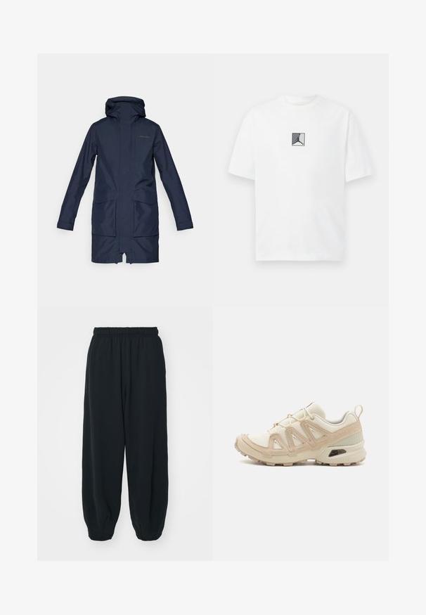 Granatowy wodoodporny parka z kapturem, z zamkiem błyskawicznym z przodu, dwiema dużymi kieszeniami i prostym krojem. Gładka tekstura, casualowy design.; Biała bawełniana koszulka z centralnym czarno-szarym logo. Klasyczny okrągły dekolt i krótkie rękawy w luźnym fasonie.; Czarne dresy z elastycznym pasem, luźny krój, ściśnięte nogawki, gładka tekstura, bez widocznych wzorów lub ozdób.; Beżowe i kremowe buty sportowe z teksturowanej siateczki, wspierającymi nakładkami oraz gumową podeszwą z wzorem bieżnika zapewniającym przyczepność.