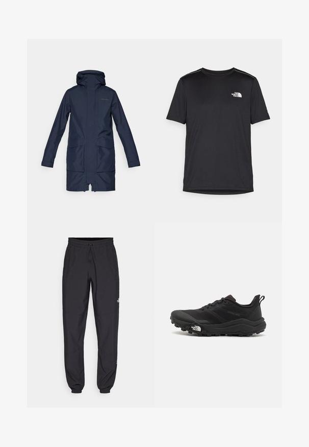 Navy blue waterproof parka with a hood, featuring a front zip, two large pockets, and a straight silhouette. Smooth texture, casual design.; Black short-sleeve T-shirt made from lightweight fabric. Features a small white logo on the left chest and subtle shoulder accents.; Black athletic pants made from lightweight fabric, featuring a drawstring waistband, side pockets, and tapered cuffs at the ankles.; Black trail running shoe with a textured upper, rubber sole, and reinforced toe cap. Features a padded collar and pull tab for easy wear.