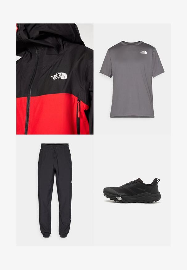 The North Face JAZZI JACKET - Hardshell jacket - high risk red/black; Gray short-sleeve athletic t-shirt made of smooth, lightweight fabric. Features a white logo on the left chest area. Round neck design.; Black athletic pants made from lightweight fabric, featuring a drawstring waistband, side pockets, and tapered cuffs at the ankles.; Black trail running shoe with a textured upper, rubber sole, and reinforced toe cap. Features a padded collar and pull tab for easy wear.