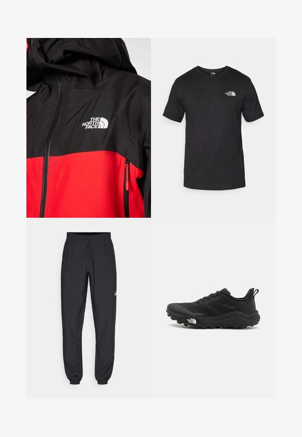 The North Face JAZZI JACKET - Vízlepergető széldzseki - high risk red/black; Fekete rövidujjú pamut póló, kerek nyakkivágással, a bal felső mellkason egy kis fehér logóval.; Fekete sportnadrág, könnyű anyagból készült, húzózsinóros derékkal, oldalsó zsebekkel és szűkített szárakkal a bokáknál.; Fekete terepfutó cipő, textúrált felső résszel, gumitalppal és megerősített lábujjrészével. Párnázott bokarésszel és húzófüllel rendelkezik a könnyű felhúzáshoz.