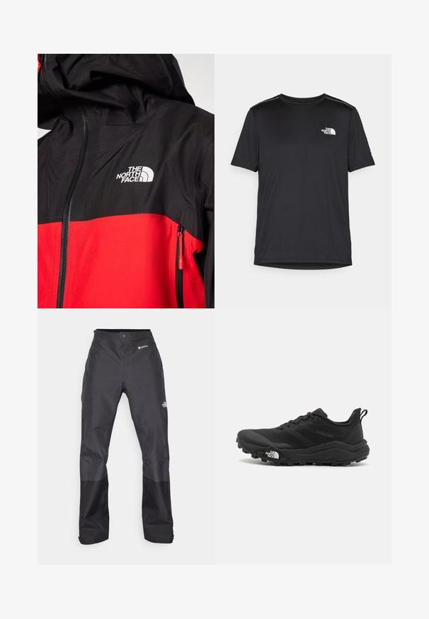 The North Face JAZZI JACKET - Hardshelljacke - high risk red/black; Schwarzes T-Shirt mit kurzen Ärmeln aus leichtem Stoff. Mit einem kleinen weißen Logo auf der linken Brust und dezenten Akzenten an den Schultern.; Schwarze wasserdichte Hose mit glatter Textur, ausgestattet mit einem GORE-TEX-Logo auf der Vorderseite und verstärkten Unterschenkeln für zusätzliche Haltbarkeit.; Schwarzer Trailrunning-Schuh mit strukturiertem Obermaterial, Gummisohle und verstärkter Zehenkappe. Verfügt über einen gepolsterten Kragen und eine Ziehlasche für einfaches Anziehen.