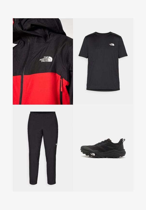 The North Face JAZZI JACKET - Jachetă hardshell - high risk red/black; Tricou negru cu mânecă scurtă, realizat dintr-un material ușor. Prezintă un mic logo alb pe pieptul stâng și accente subtile pe umeri.; Pantaloni sportivi negri cu talie elastică, formă conică, textură netedă și un mic logo alb pe partea de jos a piciorului.; Pantofii de alergare pe teren accidentat, de culoare neagră, cu un superior texturat, talpă din cauciuc și vârf întărit. Prezintă un guler căptușit și o bandă de prindere pentru îmbrăcare ușoară.