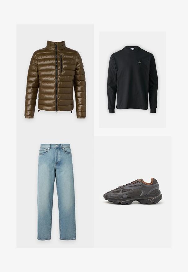 Veste isolée, coloris vert olive, avec un effet matelassé et une finition brillante. Elle dispose d'un col haut, de deux poches latérales zippées et d'une poche poitrine zippée.; T-shirt noir à manches longues en coton, avec un col rond et un petit logo de crocodile brodé vert sur la poitrine gauche.; Jean en denim bleu clair avec une coupe loose, jambes droites, design à cinq poches et fermeture à bouton à la taille. Détail de couture minimaliste.; Baskets Lacoste en gris foncé, en matériau mesh et synthétique, avec une semelle texturée et des accents marron sur le col et le branding.