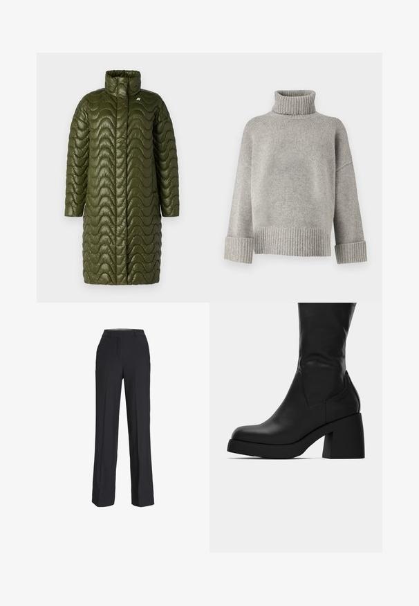 Olivově zelený dlouhý prošívaný kabát s vysokým límcem a vlnkovou prošívanou texturou. Obsahuje přední část bez zipu a detail loga na levé hrudi.; Šedý rolák vyrobený z měkkého pleteného materiálu s ribovanými manžetami a lemem. Disponuje volným střihem a strukturovaným výstřihem.; Černé kalhoty s vysokým pasem a rovnými nohavicemi. Vyrobené z hladkého materiálu, s předními záhyby a bočními kapsami.; Černé kožené boty do poloviny lýtek s masivním blokovým podpatkem a zaoblenou špičkou, zobrazené v bočním profilu na bílém pozadí.
