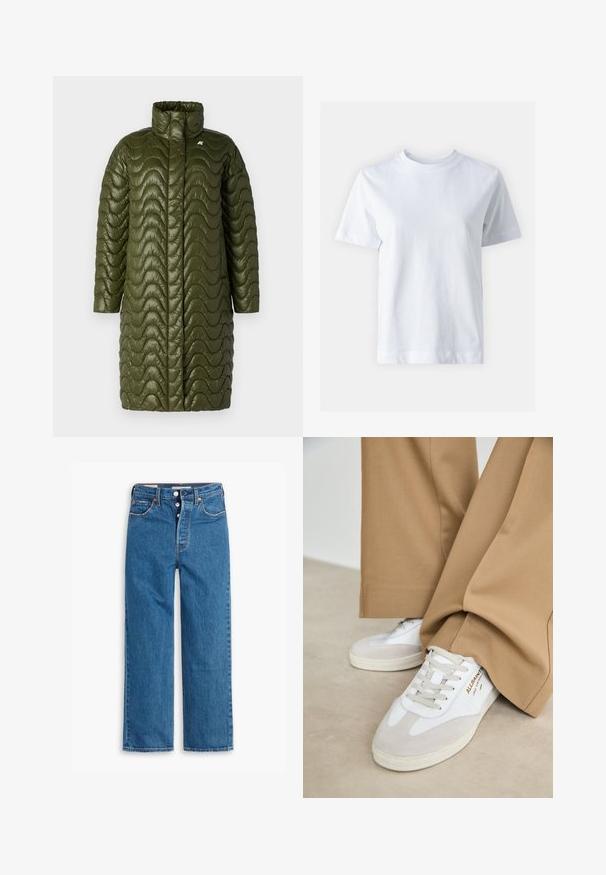 Abrigo largo acolchado de color verde oliva con un alto cuello y textura de acolchado ondulado. Presenta un frente sin cremallera y un detalle de logo en el lado izquierdo del pecho.; T-shirt de algodón blanco con cuello redondo, mangas cortas, corte recto y textura suave. Sin patrones ni adornos.; Vaqueros de mezclilla azul de pierna recta con una cintura alta, diseño de cinco bolsillos y cierre de botones. Costuras visibles y remaches de tono cobrizo.; Zapatillas blancas con detalles de ante, cordones texturizados y suela de goma. Combinadas con un pantalón suelto en tono marrón claro. Logo exhibido en el lateral.