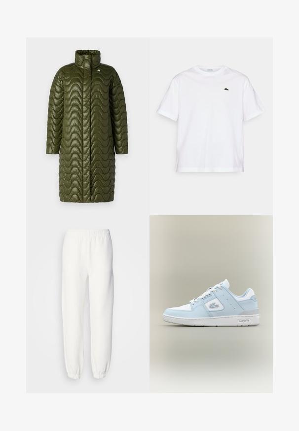 Olive green, long padded coat with a high collar and wavy quilted texture. Features a zip-free front and a logo detail on the left chest.; White cotton T-shirt with a round neckline and short sleeves. Features a green embroidered logo on the chest. Soft texture, relaxed fit.; White sweatpants made of soft, knitted fabric. Elastic waistband and cuffs provide a relaxed fit. Minimalist design, no visible patterns or accents.; Light blue leather sneaker with white accents, rounded toe, textured panel on the side, and a grey heel. Features classic lace-up design.
