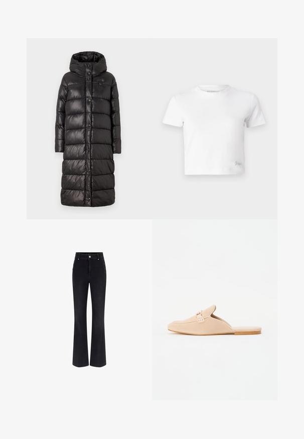 Blauer BELLEVUE - Zimní kabát - nero/beige; Bílý zkrácený tričko z hladké bavlny, s vysokým výstřihem a krátkými rukávy. Malá vyšitá logo v dolním rohu.; Černé džínové kalhoty s rozšířenými nohavicemi, vysokým pasem, pěticí kapsami a kovovými knoflíky po stranách. Hladká textura a klasický střih.; Béžové semišové slip-on mokasíny se uzavřenou špičkou, se zdobným detailem přezky a plochou korkovou podrážkou. Hladká textura s minimálním designem.