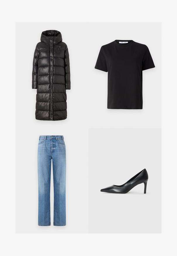 Blauer BELLEVUE - Winter coat - nero/beige; Black short-sleeve t-shirt made of soft cotton, featuring a round neckline, relaxed fit, and a smooth texture. No visible patterns or graphics.; Light blue denim jeans with a straight-leg design, featuring a high waist, five pockets, and visible stitching. The texture is smooth and classic.; Black leather pointed-toe pump with a slim heel, smooth texture, and no visible embellishments. Clean design with a minimalist aesthetic.