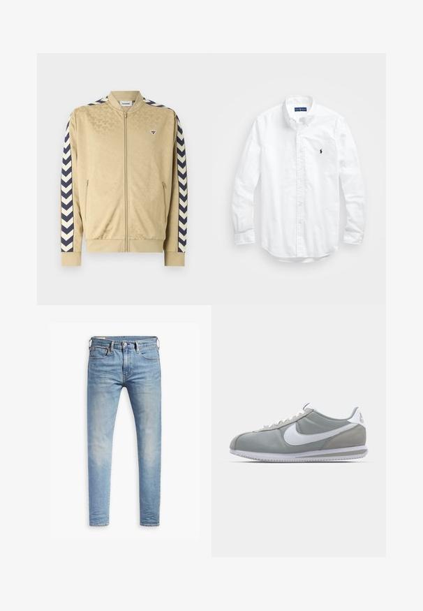 Beige Bomberjacke mit dezentem Muster, marineblauen Zickzackstreifen an den Ärmeln, Reißverschluss und seitlichen Taschen. Verfügt über ein Logo auf der Brust.; Weißes Langarm-Hemd aus Baumwolle mit Knopfleiste. Es zeichnet sich durch einen klassischen Kragen, Knopfmanschetten und ein kleines, navyblaues gesticktes Logo auf der Brust aus.; Schwarzes, übergroßes T-Shirt mit dunkelgrauem "ALLSAINTS"-Schriftzug über der Brust und "LONDON" in kleineren Buchstaben darunter.; Hellblaue Slim-Fit-Jeans mit leichtem Verblassen an den Oberschenkeln, vorderem Knopfverschluss, Gürtelschlaufen und Fünf-Taschen-Stil auf einem weißen Hintergrund.; Graue Sportausstattung mit einem Obermaterial aus Wildleder und Textil, weißem Nike-Swoosh und weißen Schnürsenkeln. Verfügt über eine strukturierte Gummisohle und einen gepolsterten Kragen.