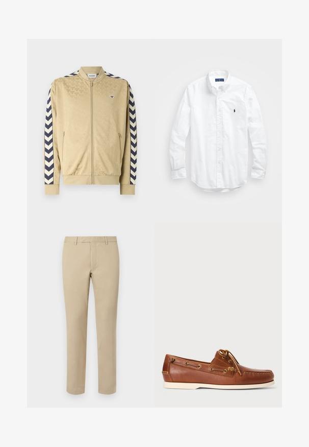 Jachetă bomber bej cu un model subtil, dungi chevron bleumarin pe mâneci, închidere cu fermoar și buzunare laterale. Prezintă un logo pe piept.; Cămașă albă cu mânecă lungă și nasturi din bumbac. Are un guler clasic, manșete cu nasturi și un mic logo brodat în navy pe piept.; Pantaloni bej din bumbac cu croi drept, dotati cu bucle pentru curea, față plată și tivuri croite. Textură netedă și detalii minime.; Pantofii de barcă din piele maro prezintă șireturi, ochiuri aurii și talpă din cauciuc crem. Concepuți cu un model de broderie ridicată pe vârf.