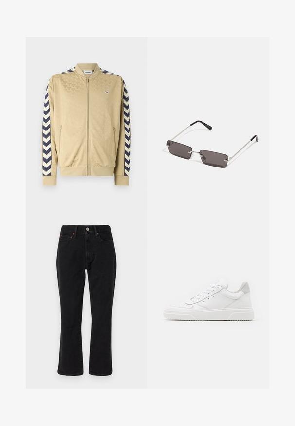 Beez bomber-jakk, millel on peene muster, tumesinised chevron-ribad varrukatel, tõmblukk ja küljetaskud. Rinnal on logo.; Must musträäp ja hallikirju jope kraega, nööpidega ees ja kahe rinna taskuga. Valmistatud tekstuursest kangast.; Mustad mustrid teksased, klassikalise sirge jalgade lõikega, viie taskuga stiilis ning metallist detailidega, millel on vasest aktsendid. Sile tekstuur ja keskmine tõus.; Valged nahast spordijalatsid siledast nahast viimistlusega, ümarate varvastega, lamekestega ja tekstuuriga tallaga. Hall suede aktsent kanna juures.; Kübarid, millel on ristkülikukujulised, tumedhalli värvi läätsed, hõbedased metallraamid ja mustad plastotsad käeotsades. Kerge disain koos nina padjadega.