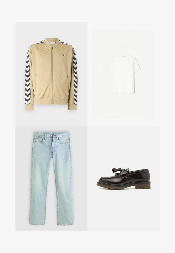 Jachetă bomber bej cu un model subtil, dungi chevron bleumarin pe mâneci, închidere cu fermoar și buzunare laterale. Prezintă un logo pe piept.; Tricou alb din bumbac, guler rotund, mâneci scurte, croială lejeră, textură netedă, fără modele sau accente vizibile.; Jeans din denim de culoare albastru deschis, cu croi drept, cinci buzunare, închidere cu buton și ușoară decolorare. Include detalii de cusătură și nituri de cupru.; Loafers din piele maro cu un design împletit, detalii cu franjuri și o talpă din cauciuc plată. Prezintă un finisaj neted și cusături în contrast.