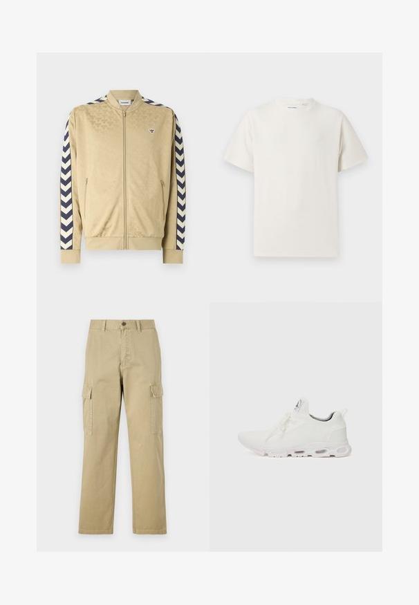 Béžová bomber bunda s jemným vzorom, námornícke chevron pruhy na rukávoch, zips na uzatváranie a bočné vrecká. Na hrudi sa nachádza logo.; Biela krátka tričko s krátkym rukávom so žebrovanou textúrou. Okrúhly výstrih, uvoľnený strih, žiadne viditeľné vzory ani akcenty. Jednoduchý a všestranný dizajn.; Bežové cargo nohavice vyrobené z bavlny, s dvoma bočnými vreckami, zapínaním na gombík a rovným strihom s mierne textúrovanou tkaninou.; Biele športové topánky so štruktúrovaným pleteným zvrškom, plochými šnúrkami a odpruženou podrážkou s viditeľnými vzduchovými komorami pre dodatočnú podporu.