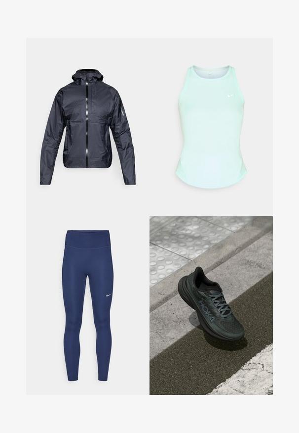 Zwart lichtgewicht hoodie met voorrits, borstzak en Salomon-logo op de linkermouw, weergegeven op een witte achtergrond.; Mintgroene sporttanktop met een ronde halslijn, slim fit, zonder mouwen en een klein wit Nike-logo op de voorkant.; Marineblauwe leggings met een hoge tailleband, gemaakt van rekbare stof. Voorzien van subtiele stiksels en een klein wit Nike-logo op de linkerdij.; Zwarte hardloopschoen met mesh bovenwerk, getextureerde accenten en logo, met een gevoerde zool en grijze veters, geplaatst op het trottoir.
