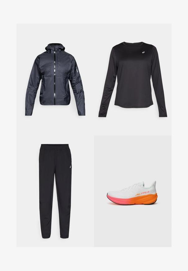 Veste à capuche noire légère avec fermeture éclair à l'avant, poche poitrine et logo Salomon sur la manche gauche, présentée sur un fond blanc.; T-shirt d'entraînement à manches longues noir en tissu léger. Présente un col rond et un petit logo sur la poitrine. Texture lisse.; Pantalons de sport noirs avec une taille élastique, des jambes fuselées avec des poignets, fabriqués dans un matériau léger et lisse, et un petit logo sur la cuisse.; Baskets de sport blanches avec une tige texturée, dotées d'une semelle dégradée colorée en orange et rose, et d'un logo bien visible sur le côté.