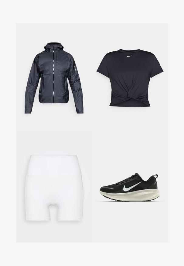 Schwarze leichte Kapuzenjacke mit Frontreißverschluss, Brusttasche und Salomon-Logo am linken Ärmel, auf weißem Hintergrund präsentiert.; Schwarzes Sport-T-Shirt aus glattem Stoff, mit einem geknoteten Vorderdesign und einem kleinen weißen Nike-Logo auf der Brust.; Weiße, hochtaillierte Shorts aus dehnbarem Stoff. Sie verfügen über eine glatte Textur und eine figurbetonte Passform, ohne zusätzliche Muster oder Hardware.; Schwarzer Nike-Laufschuh mit atmungsaktivem Mesh-Obermaterial, weißem Swoosh-Logo, strukturierten Details und einer cremefarbenen ZoomX-Zwischensohle.