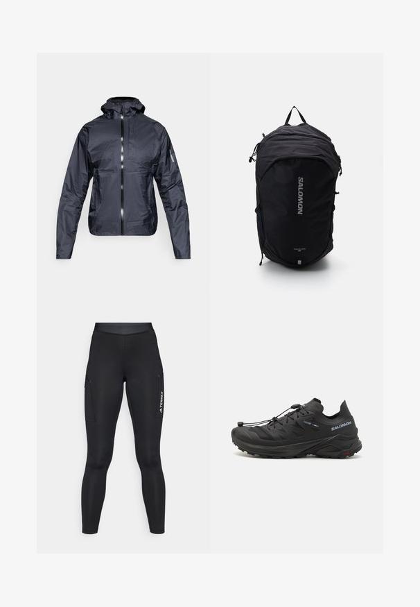 Black lightweight hooded jacket with front zipper, chest pocket, and Salomon logo on left sleeve, displayed on white background.; Long-sleeve white athletic top with mock neck and small centered logo on chest, displayed on a plain background.; Black athletic leggings with a fitted design, made of stretchy material. Features side pockets and white "TERREX" branding.; Black trail running shoes with a textured upper, mesh panels, and a secure fastening system. Features a rugged outsole for traction.; Black backpack with a streamlined design, textured fabric, adjustable straps, and a prominent silver "SALOMON" logo on the front.