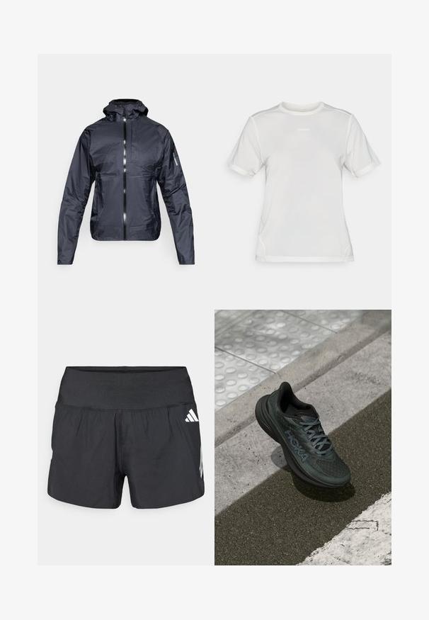 Schwarze leichte Kapuzenjacke mit Frontreißverschluss, Brusttasche und Salomon-Logo am linken Ärmel, auf weißem Hintergrund präsentiert.; Weißes kurzärmliges Sport-Mesh-Shirt mit Rundhalsausschnitt und kleinem "Salomon"-Logo auf der Brust.; Schwarze Sportshorts mit einem breiten elastischen Bund, leichtem Stoff und weißen Logoakzenten an der unteren Seite.; Schwarzer Laufschuh mit Mesh-Obermaterial, strukturierten Akzenten und Logo, mit einer gepolsterten Sohle und grauen Schnürsenkeln, auf Asphalt platziert.