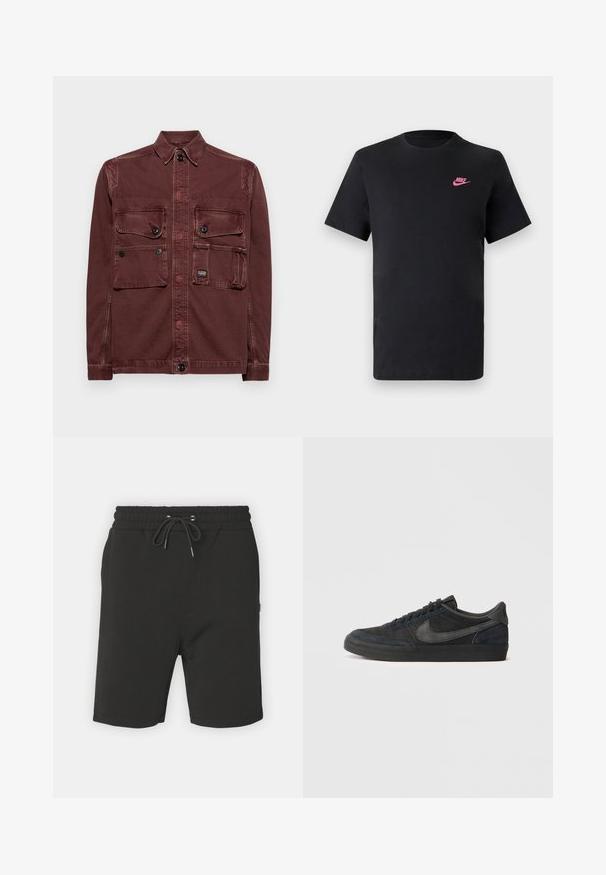 G-STAR UTILITY OVERSHIRT - Jachetă din denim - faded autumn leaves; Tricou din bumbac negru cu decolteu rotund și mâneci scurte. Are un logo Nike roz în partea stângă sus. Textură netedă.; Șorturi din bumbac negre cu talie elastică, închidere cu șnur și buzunare laterale. Textură netedă; design până la genunchi.; Sneakers negre din suede cu profil joasă, talpă din cauciuc, panouri laterale texturate și logo Nike swoosh în ton. Se încheie cu șireturi, guler căptușit.