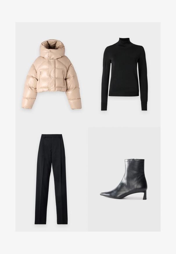 DSQUARED2 ICON PUFFER KABAN - Chaqueta de plumas - beige; Suéter negro de manga larga con cuello de tortuga, con puños y dobladillo acanalados, exhibido sobre un fondo blanco liso.; Pantalones negros de tela suave con cintura alta, piernas amplias, pliegues frontales y lazos de cinturón clásicos. No hay bolsillos laterales visibles.; Botín de cuero negro hasta el tobillo con punta afilada y un diseño elegante. Presenta un tacón bajo y un cierre con cremallera en la parte trasera. Textura suave.