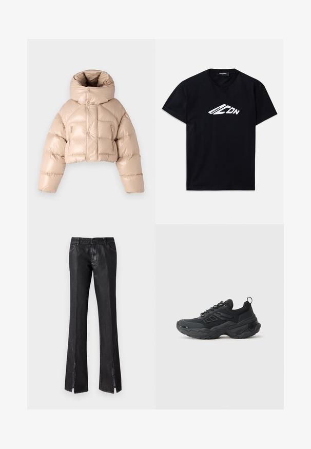 DSQUARED2 ICON PUFFER KABAN - Down jacket - beige; Black cotton t-shirt with short sleeves and a crew neckline. Features a white graphic logo “DSQUARED2 CDN” on the front.; Black flared trousers with a glossy finish, featuring two front pockets and slits near the hem, made from durable fabric.; Black athletic shoes with a textured upper, sturdy sole, and a distinctive thick design. Features laces and a pull tab at the back.