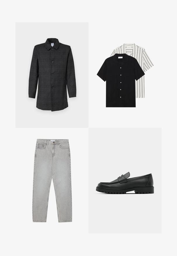 Cappotto grigio a quadri realizzato in tessuto misto lana, con colletto, sei bottoni sul davanti e maniche lunghe. Vestibilità regolare.; Due camicie a manica corta: una nera uniforme, l'altra bianca con strisce verticali nere. Entrambe presentano chiusure a bottoni e un colletto classico.; Pantaloni in denim grigio chiaro con design a gamba dritta, stile a cinque tasche e chiusura con bottone. Cuciture visibili lungo le cuciture.; Mocassini in pelle nera con punta rotonda, caratterizzati da un design cucito, suola piatta bassa e un battistrada in gomma testurizzata e scolpita.