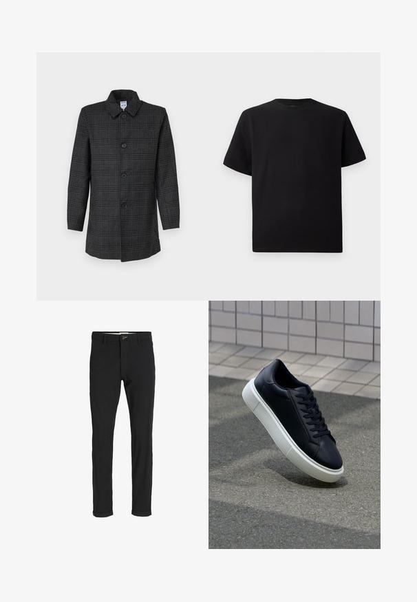Szary płaszcz w kratę wykonany z mieszanki wełny, z kołnierzem, sześcioma guzikami z przodu i długimi rękawami. Regularny krój.; Czarna koszulka z krótkim rękawem, wykonana z teksturowanej tkaniny, z okrągłym dekoltem i luźnym krojem. Prosta, bez wzorów i akcentów.; Czarne spodnie z bawełnianego materiału w slim fit, z zapięciem na guzik, kieszeniami i podwiniętymi mankietami, co nadaje im swobodny charakter.; Czarne skórzane sneakersy z okrągłym noskiem i białą gumową podeszwą. Posiadają płaskie sznurowadła i minimalne przeszycia na cholewce. Teksturowana podeszwa zapewnia przyczepność.